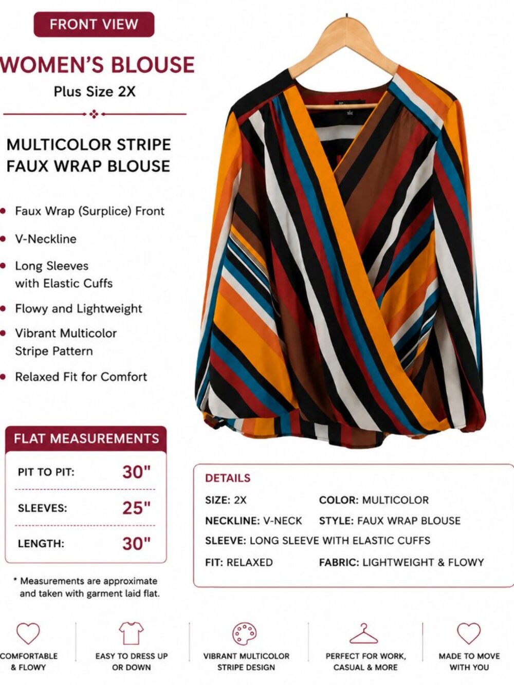 Women’s Blouse Plus  2X Multicolor Stripe Faux Wrap, Long Sleeves, Surplice V-Nk